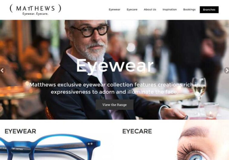 Matthews eyewear website home page layout